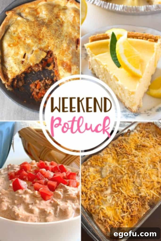 Featured recipes from the latest Weekend Potluck: Easy Hobo Casserole, Luscious Lemon Cheesecake, Flaky Empanada Beef Pie, and Crowd-Pleasing Boat Dip. A collection of delicious homemade dishes for sharing.