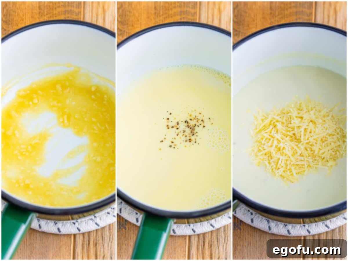 collage of three photos: Garlic and butter in a saucepan; milk added to sauce pan; shredded parmesan cheese added to saucepan. 