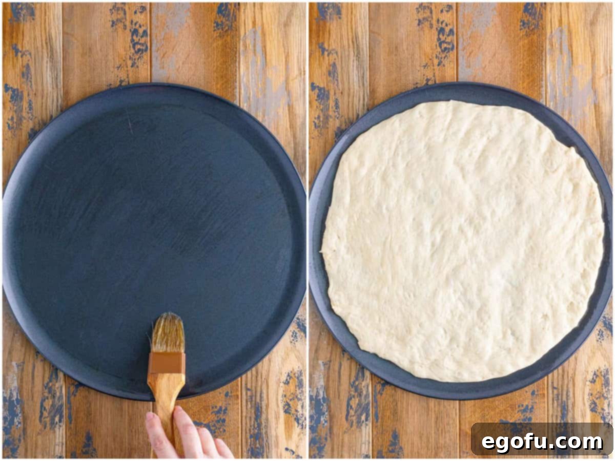 collage of two photos: brushing a pizza pan with oil; spreading pizza dough onto the pizza pan. 