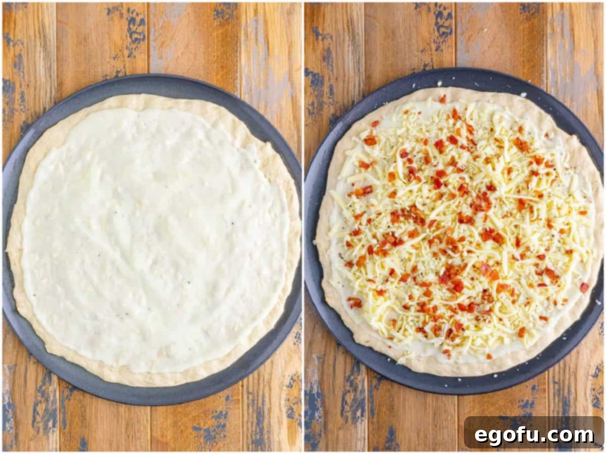 collage of two photos: white sauce spread out on pizza dough; cheese bacon and garlic added to the top of the pizza. 