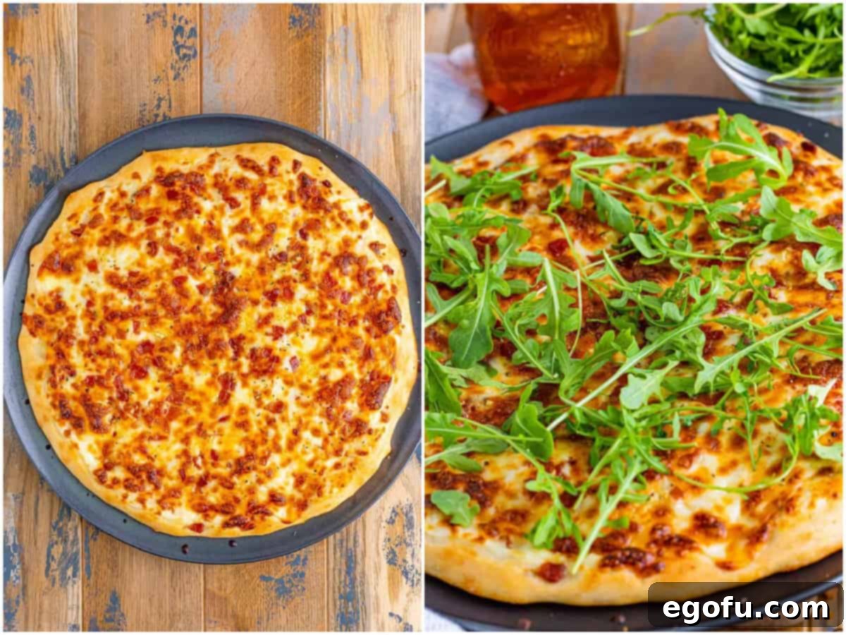 collage of two photos: fully baked white top pizza; baby arugula added to the top of the finished pizza. 