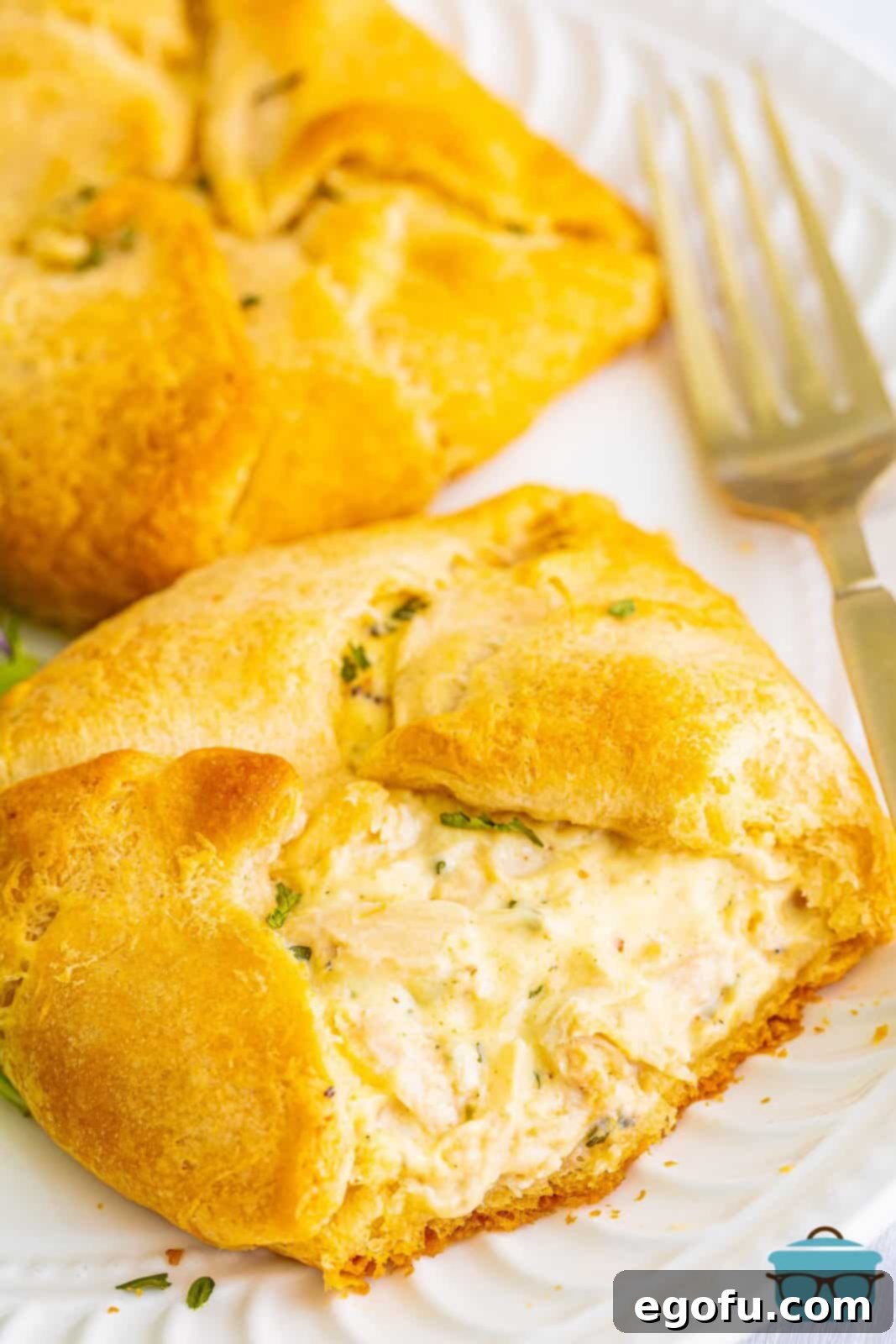 Savory Chicken Pockets 2 Close up looking at a Chicken Bundle that has started to open with the filling coming out.