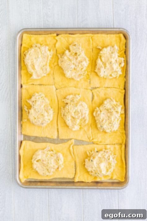 Savory Chicken Pockets 12 Chicken mixture on top of the dough on a baking sheet.