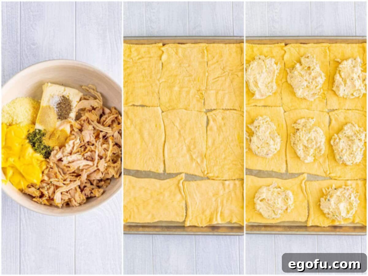 Savory Chicken Pockets 5 collage of three photos: chicken filling in a bowl, eight crescent roll rectangles on a baking sheet, chicken filling added to the center of each crescent roll dough.
