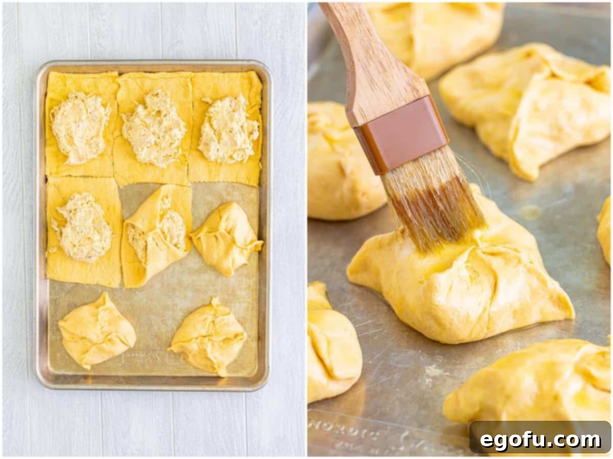 Savory Chicken Pockets 6 collage of two photos: some of the chicken bundles being packaged up on a baking sheet; butter being brushed on the chicken bundles.