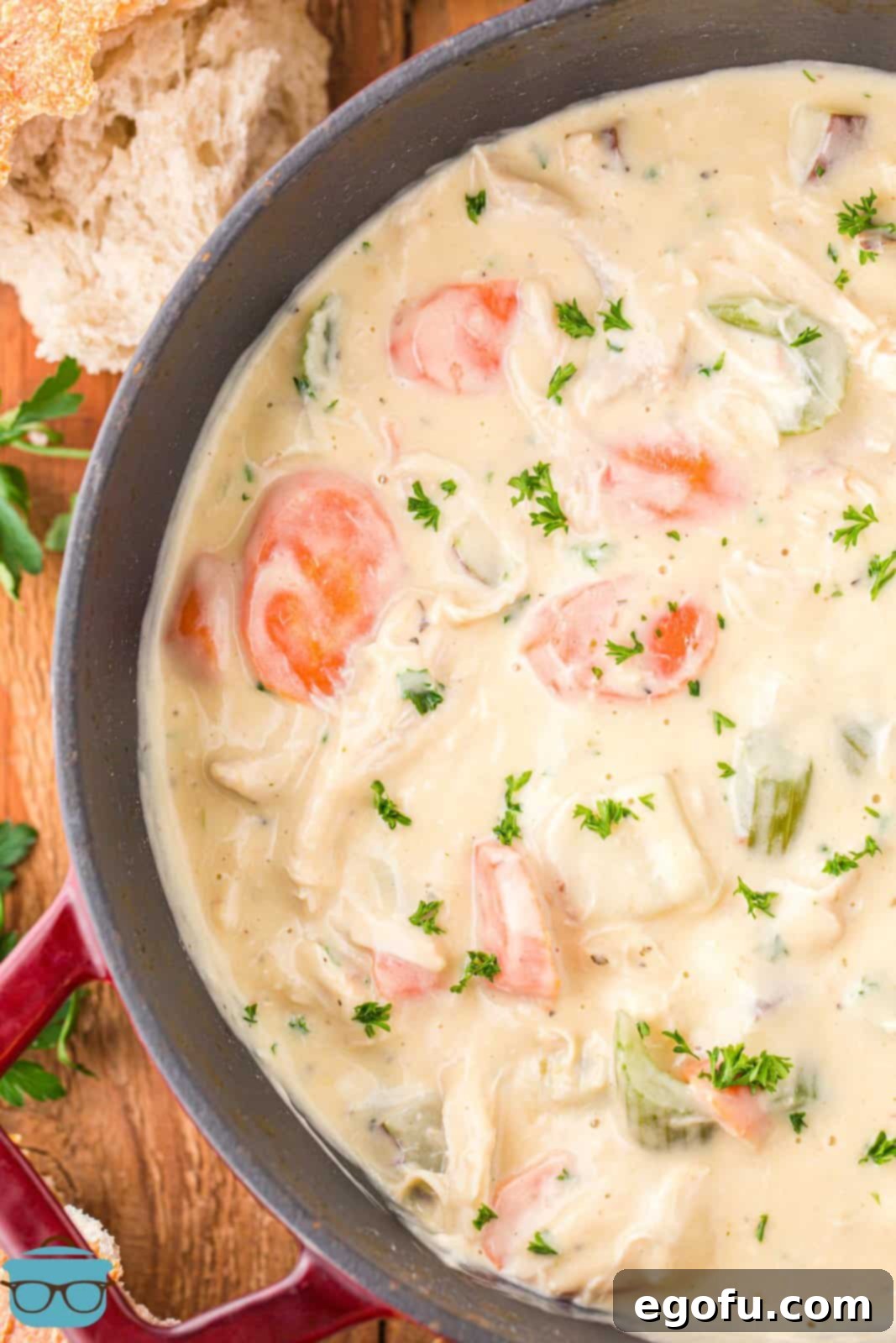 Looking down on a pot of homemade creamy chicken stew.