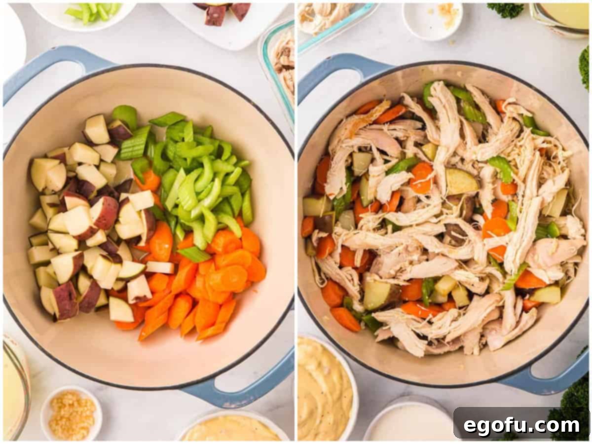 collage of two photos: A pot with diced carrots, celery, potatoes, and melted butter; shredded chicken added to the pot. 