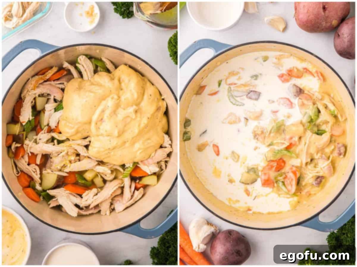 collage of two photos: cream of chicken soup added to the pot; heavy cream poured into pot with chicken and vegetables. 
