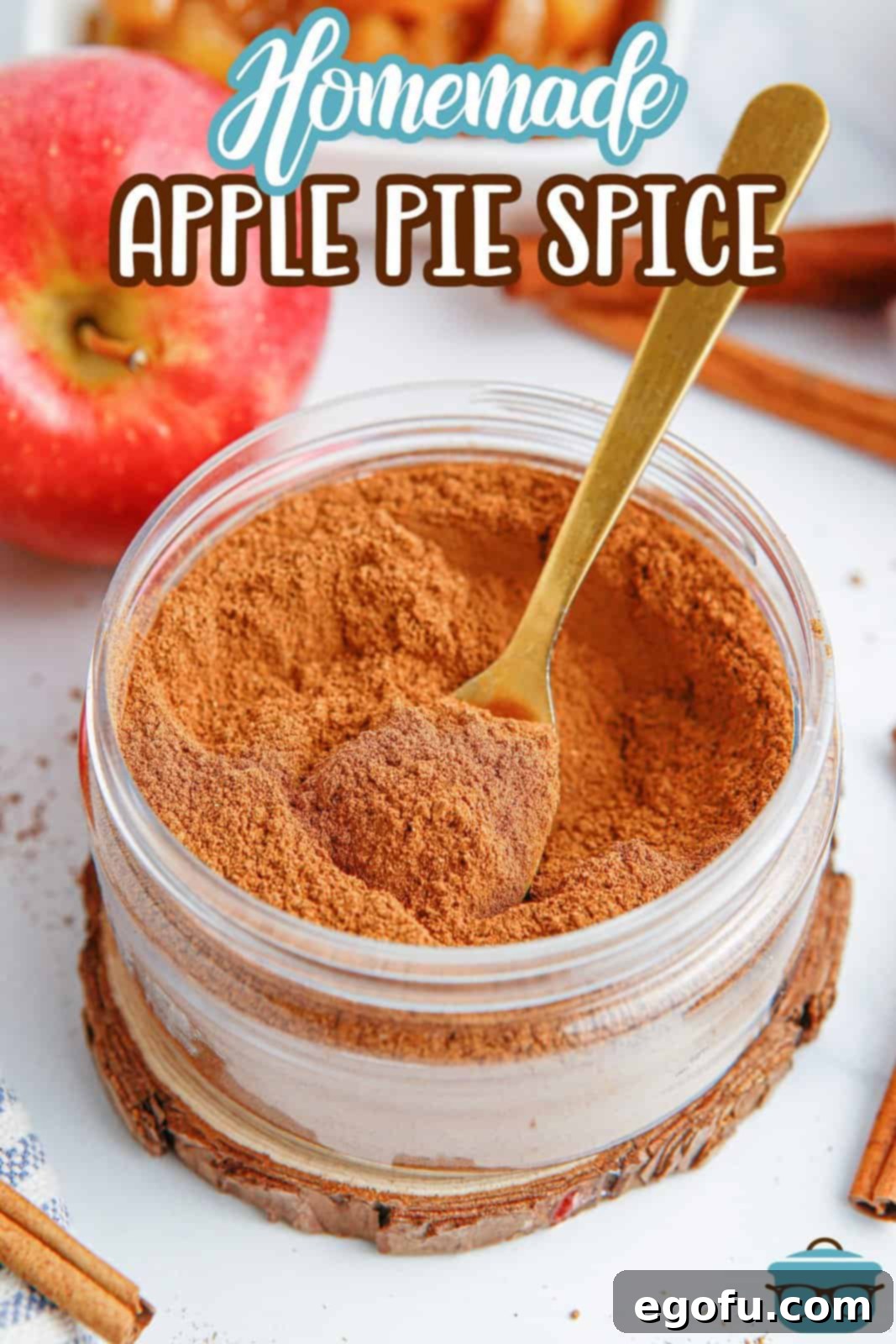 A beautiful container of freshly made Apple Pie Spice with a serving spoon nestled within it, ready for use.