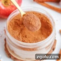 A jar of homemade Apple Pie Spice with a spoon getting some.