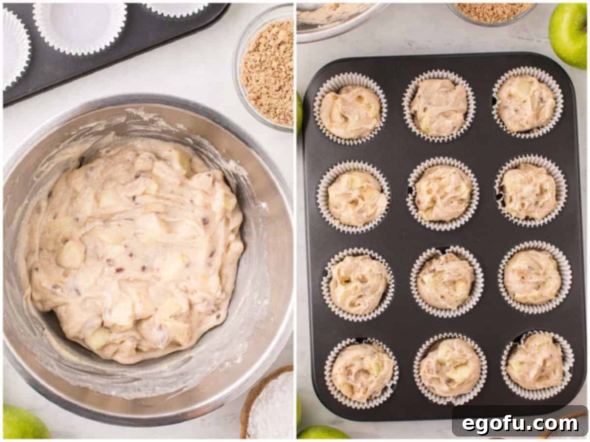 A collage of two photos: on the left, apple muffin batter in a mixing bowl; on the right, muffin batter perfectly scooped into a muffin tin lined with paper liners.