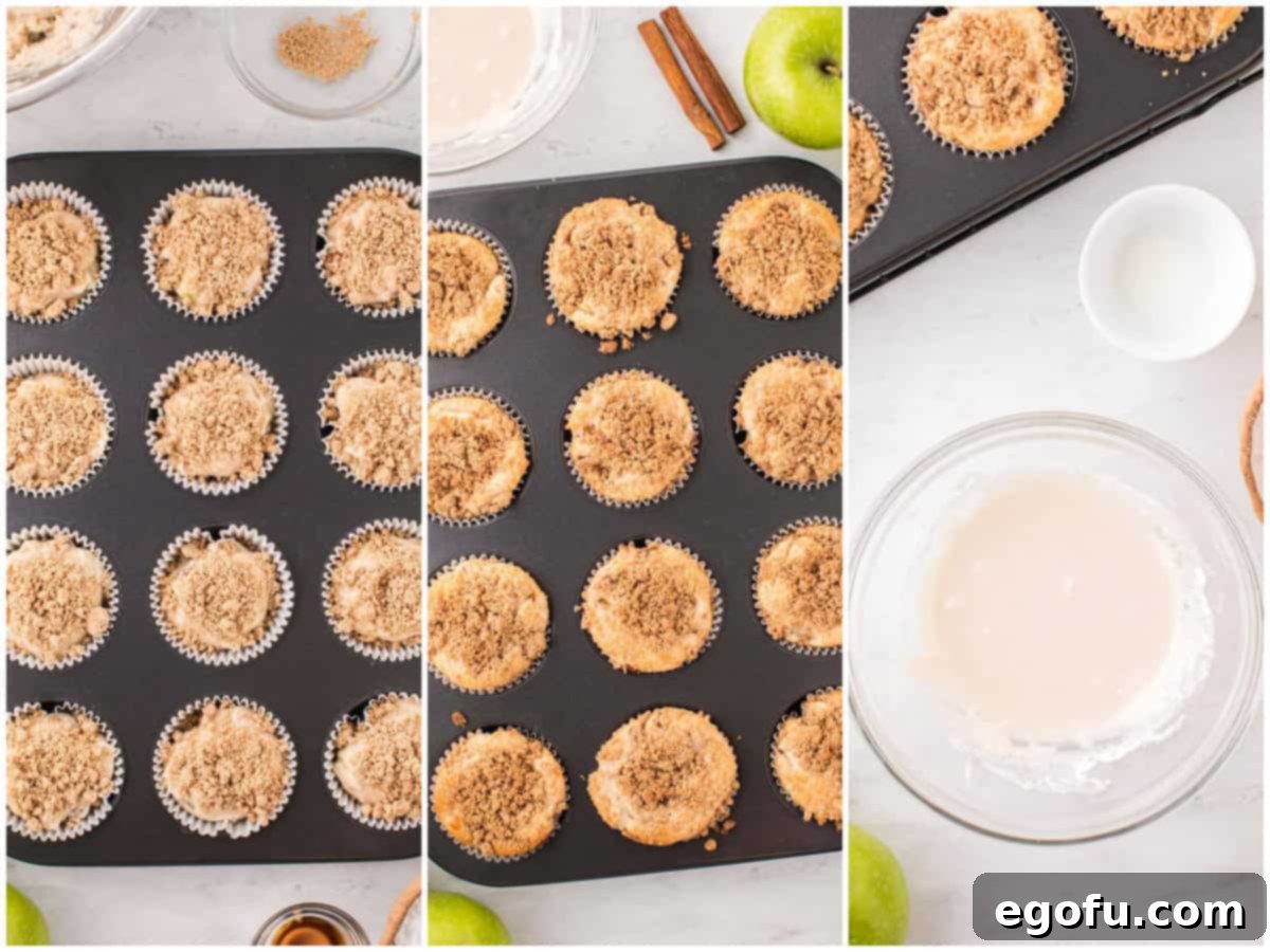 A collage of three photos: the first shows muffin batter in a lined muffin tin with streusel topping; the second features fresh baked apple crumble muffins still warm in the tin; the third displays a small mixing bowl containing the ingredients for a smooth glaze.