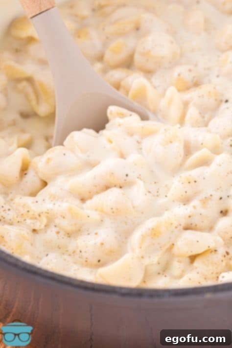 Panera's Signature Creamy Mac and Cheese 15 A close-up view of a pot of white cheddar mac and cheese, showcasing its rich and inviting texture.