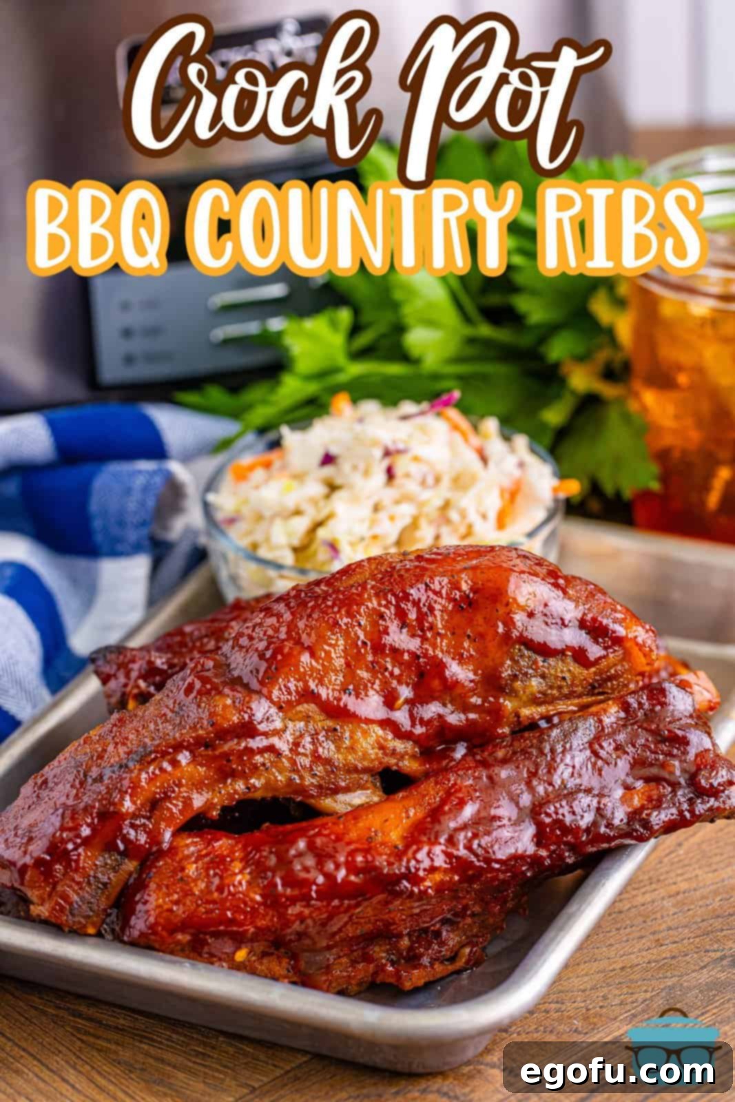 Tender Slow Cooker BBQ Country Style Ribs 3 A serving plate with BBQ Country Style Ribs made in the Crock Pot.