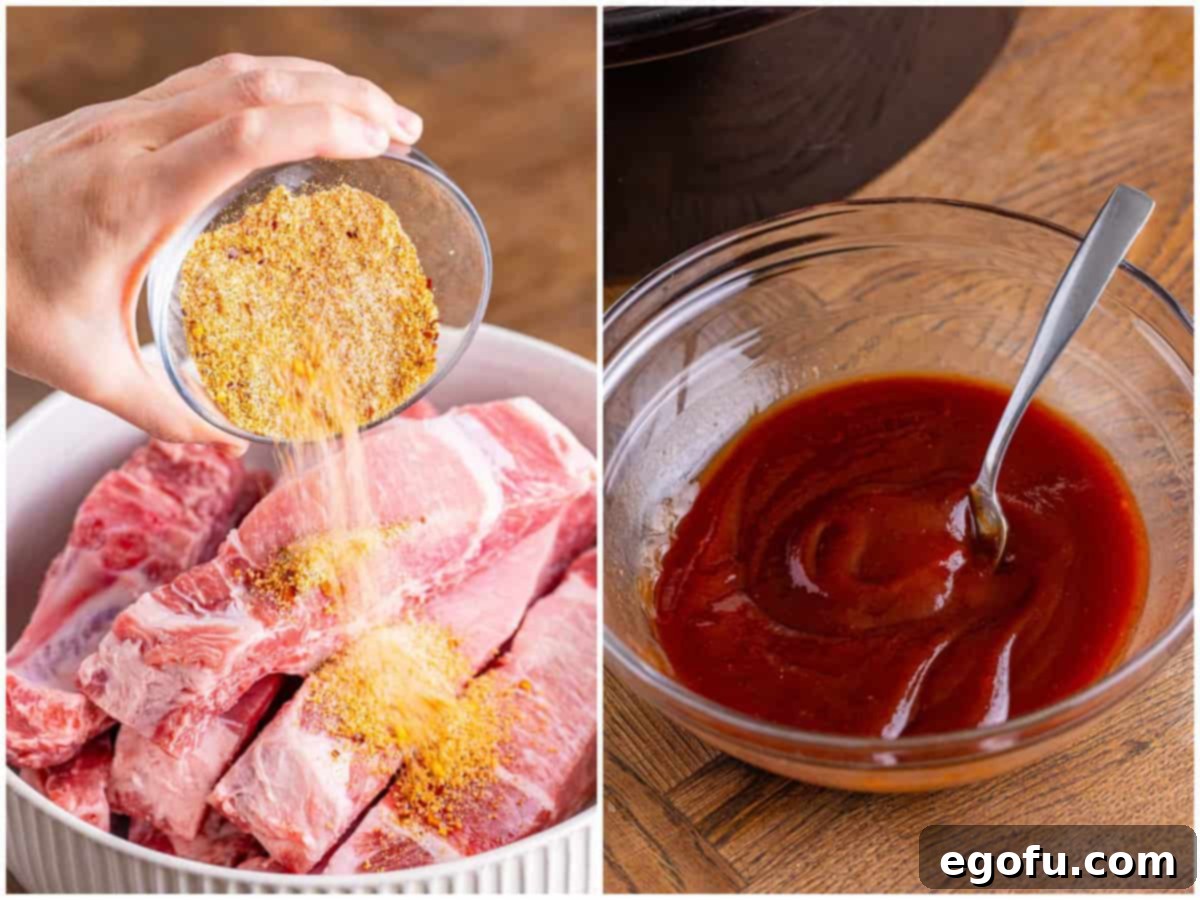 Tender Slow Cooker BBQ Country Style Ribs 5 collage of two photos: sprinkling spices over country style ribs in a bowl; a small bowl with BBQ sauce and water being mixed together.