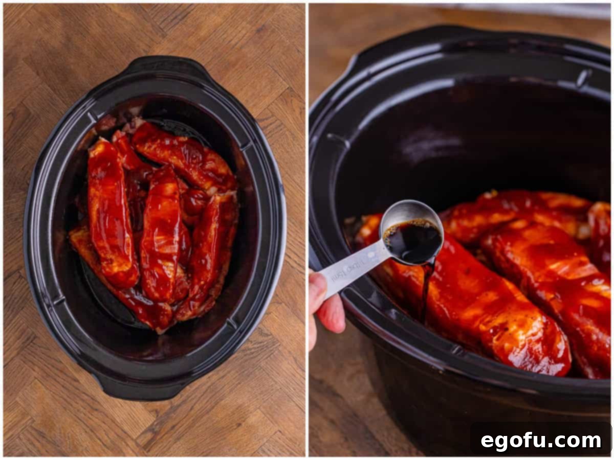Tender Slow Cooker BBQ Country Style Ribs 6 collage of two photos: BBQ sauce coated country style ribs in an oval slow cooker; during a little bit of liquid smoke into the slow cooker.