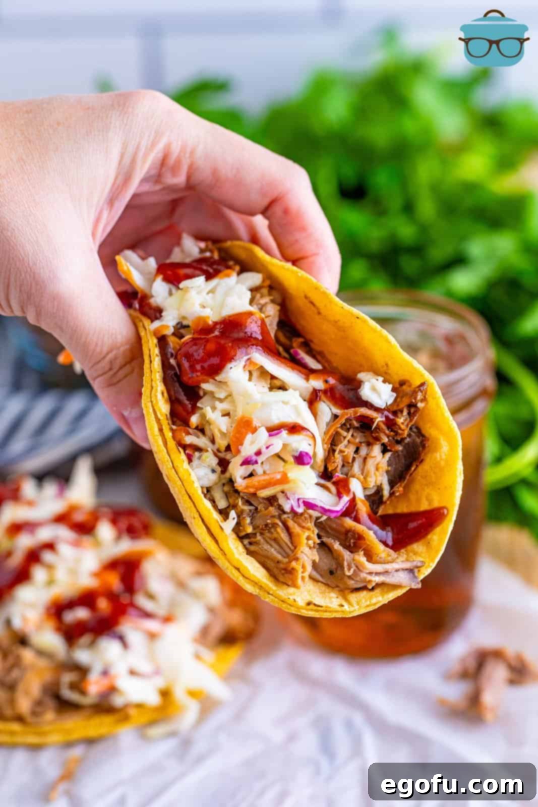 Down-Home Tacos 2 A hand holding a Hillbilly Taco, showcasing the pulled pork and creamy coleslaw.