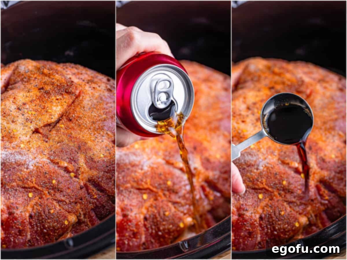Down-Home Tacos 6 Collage of three photos: pork shoulder in a crock pot, pouring a can of Dr Pepper, and adding liquid smoke.