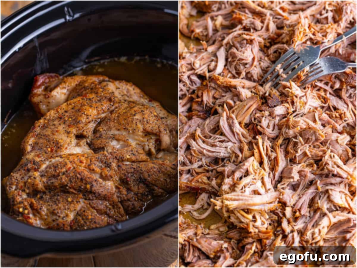 Down-Home Tacos 7 Collage of two photos: fully cooked pork shoulder in crock pot, and two forks shredding cooked pork.