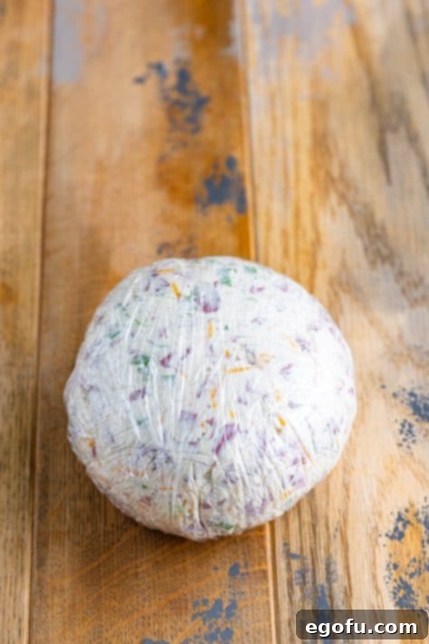 Savory Beef Cheese Delight 13 Cheese ball wrapped tightly in plastic wrap.