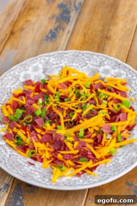 Savory Beef Cheese Delight 14 A plate of cheddar cheese, green onions, and dried beef.