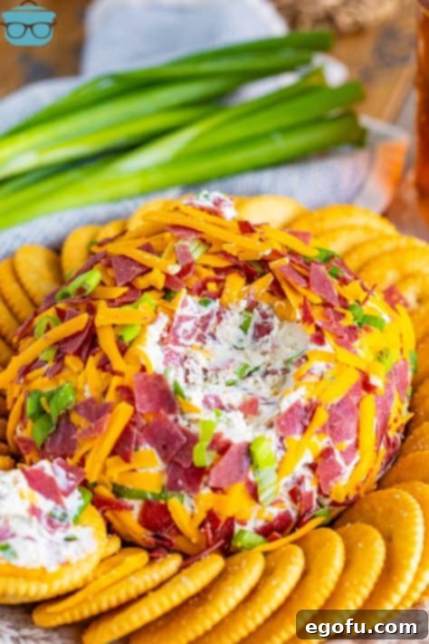 Savory Beef Cheese Delight 16 A cheeseball with dried beef and a bite taken out.