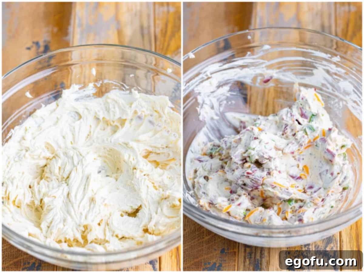 Savory Beef Cheese Delight 5 A collage featuring two stages of preparation: a large bowl containing softened cream cheese, Worcestershire sauce, pepper, garlic powder, and onion powder, alongside a second image showing finely chopped dried beef pieces, shredded cheddar cheese, and sliced green onions being added to the creamy base.