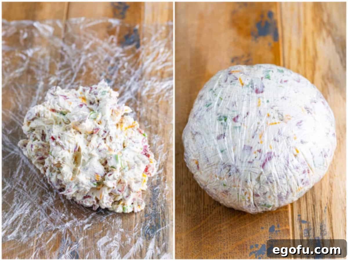 Savory Beef Cheese Delight 6 A collage depicting the shaping process: one image shows the cheeseball mixture scooped onto overlapping sheets of plastic wrap, followed by an image of the neatly wrapped cheese ball, sealed and ready for chilling.
