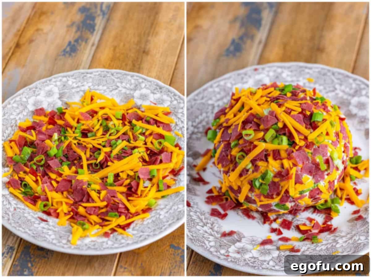 Savory Beef Cheese Delight 7 A two-part collage illustrating the final coating step: the first image displays a mix of dried beef pieces, shredded cheese, and sliced green onions spread on a plate, while the second shows the fully coated cheese ball after being rolled in this savory mixture.