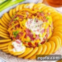 Savory Beef Cheese Delight 9 Close up looking at a dried beef cheeseball surrounded by crackers.