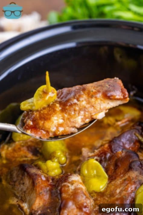 Fall-Apart Tender Mississippi Country Ribs 13 A spoon holding a Crock Pot Mississippi Country Style Rib above the Slow Cooker.