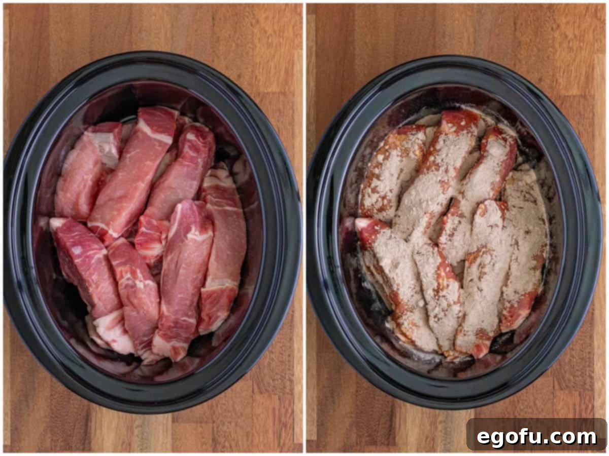 Fall-Apart Tender Mississippi Country Ribs 5 collage of two photos: boneless country style ribs in a slow cooker; au just powder sprinkled over the country ribs.