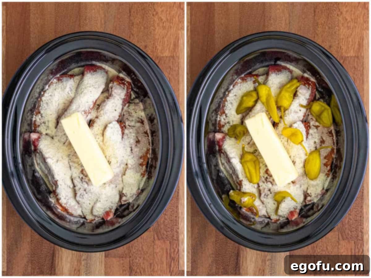 Fall-Apart Tender Mississippi Country Ribs 6 collage of two photos: ranch seasoning and a stick of butter on top of ribs; peperoncini peppers added to the seasoned ribs.