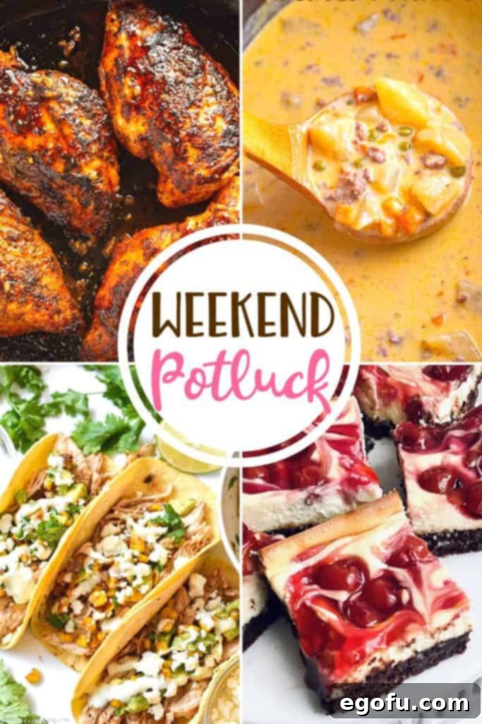 Decadent Cherry Cheesecake Brownies 2 Weekend Potluck featured recipes: Cherry Cheesecake Brownies, Mexican Street Corn Taco, Blackened Chicken Breast and Crock Pot Hamburger Potato Soup. A vibrant collage of diverse dishes, inviting home cooks to explore new flavors and culinary techniques.