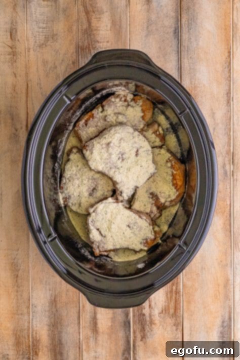 Soulful Mississippi Slow Cooker Pork 15 Crock pot with pork chops, gravy mix, and ranch seasoning now added.