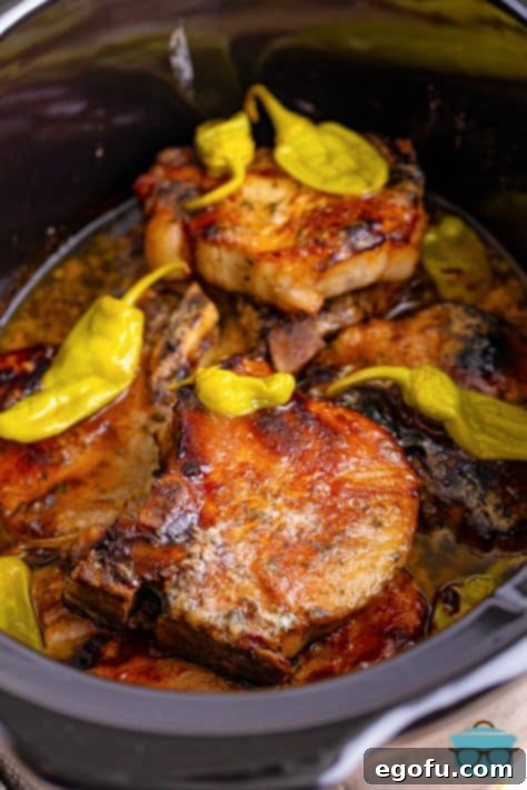 Soulful Mississippi Slow Cooker Pork 18 Looking down on a slow cooker insert filled with perfectly cooked Mississippi Crock Pot Pork Chops.