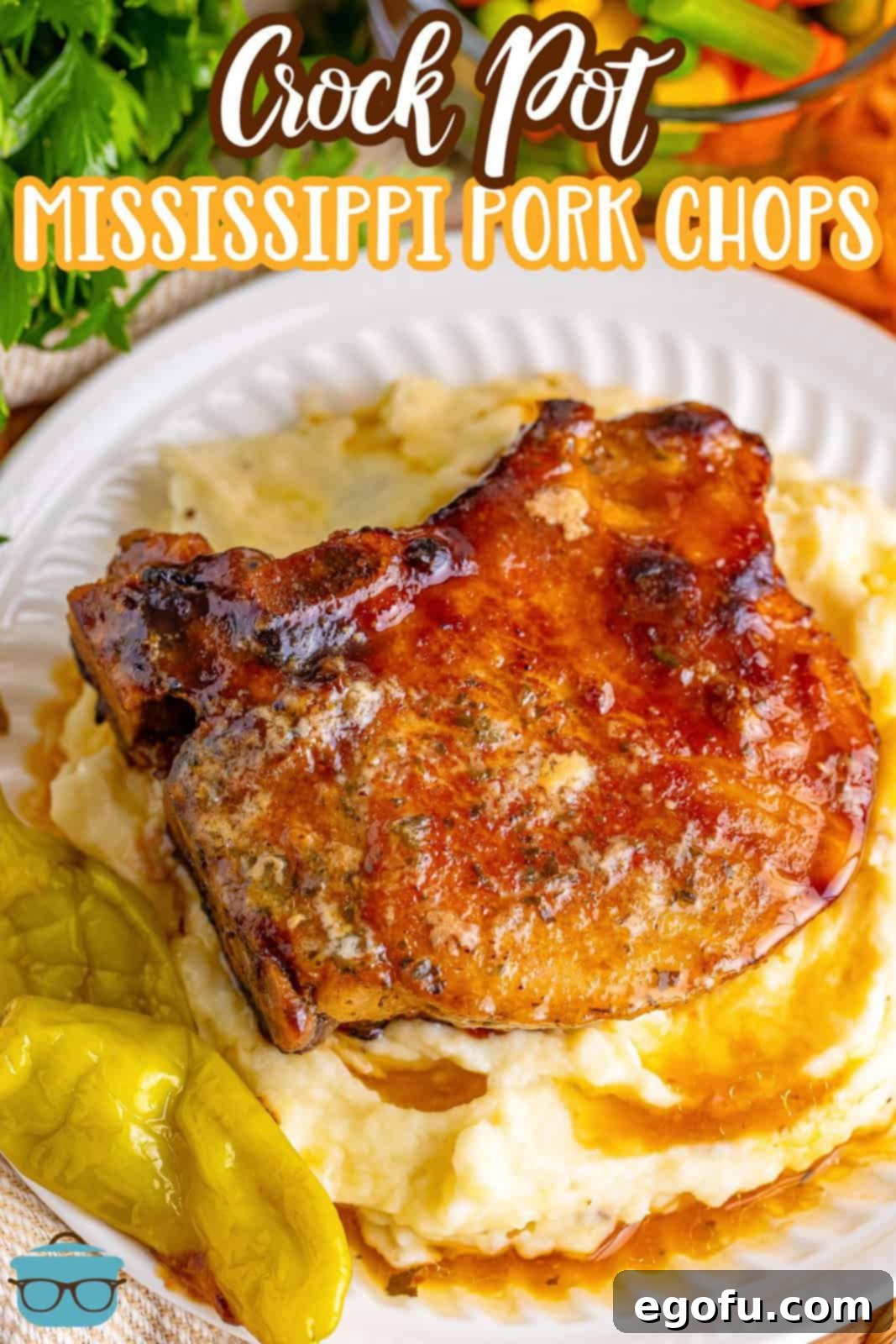 Soulful Mississippi Slow Cooker Pork 3 A plate featuring a delectable Mississippi Pork Chop served on a bed of creamy mashed potatoes, ready to be enjoyed.