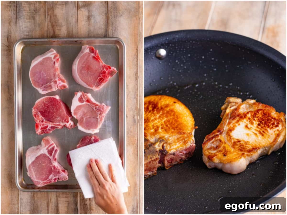 Soulful Mississippi Slow Cooker Pork 5 A collage showing two preparation steps: a baking sheet of pork chops with a hand patting them dry with a paper towel; and browning pork chops in a skillet.