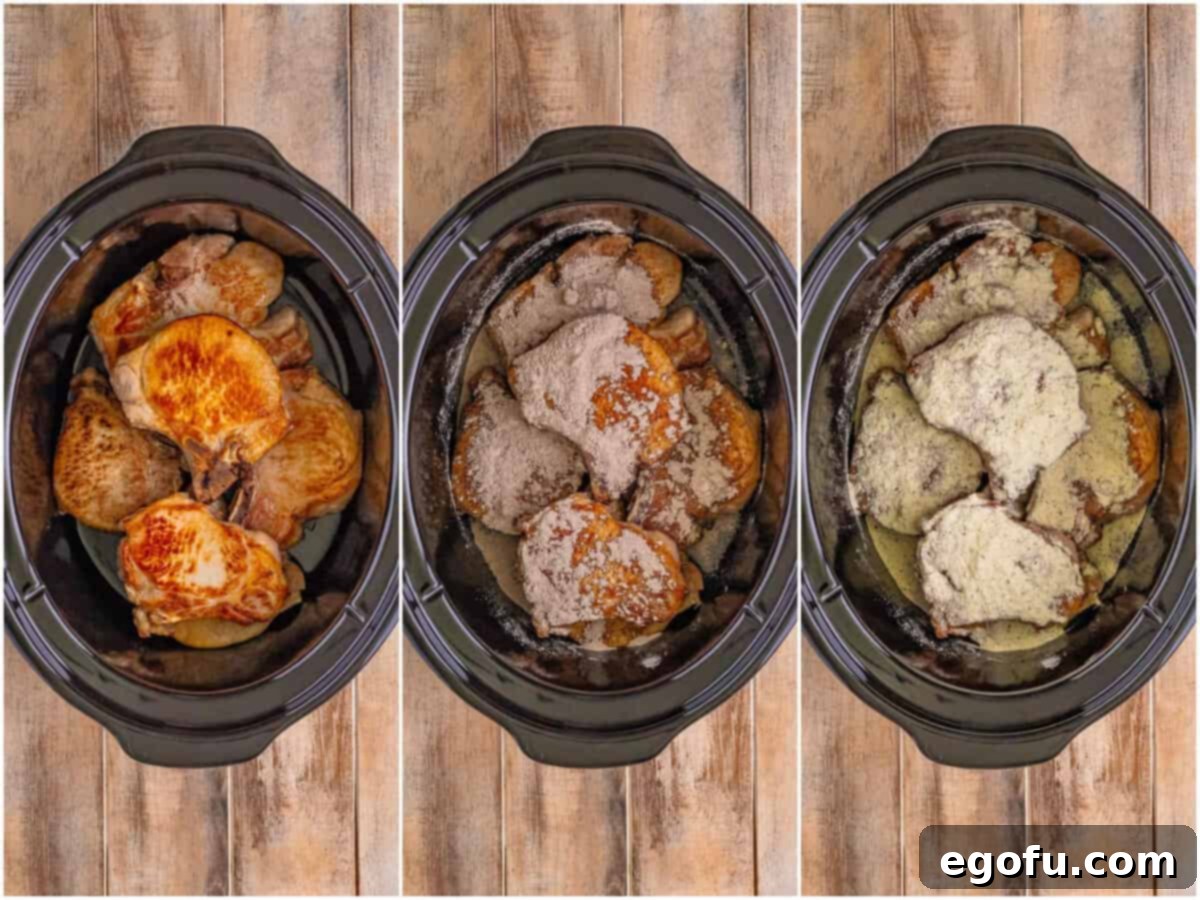 Soulful Mississippi Slow Cooker Pork 6 A collage showing three steps: seared pork chops in an oval slow cooker; au jus mix sprinkled on top of pork chops; ranch seasoning mix sprinkled on top of pork chops.