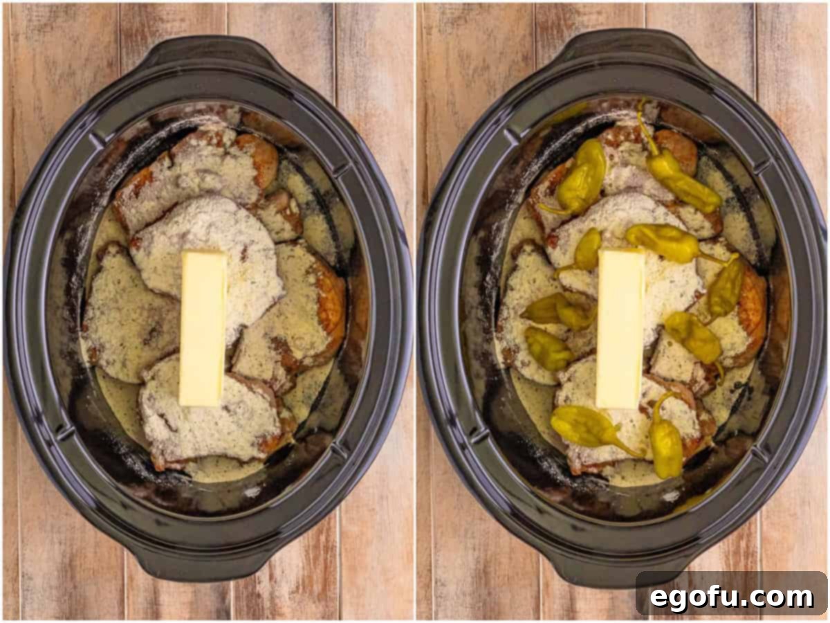 Soulful Mississippi Slow Cooker Pork 7 A collage of two photos: slow cooker with pork chops, au jus, ranch seasoning and a stick of butter; pepperoncini peppers scattered around the pork chops in the slow cooker.