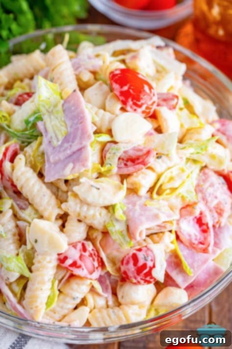 Looking closely at a mixing bowl filled with Italian grinder pasta salad.