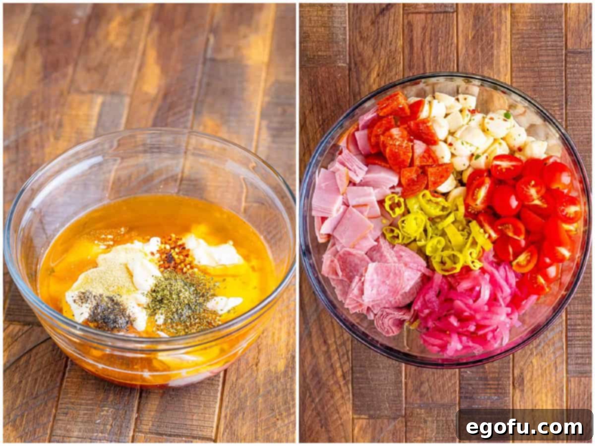collage of two photos: pasta salad dressing ingredients shown in a smaller clear bowl; pasta salad ingredients shown in a large clear bowl. 