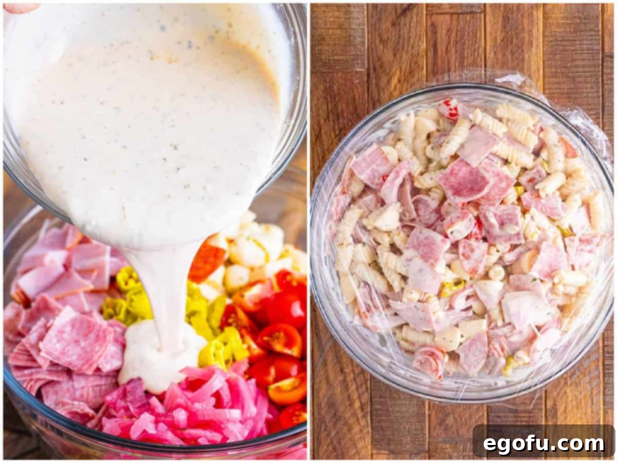 a collage of two photos: dressing being shown pouring into bowl with pasta salad ingredients; plastic wrap covering the bowl before going into the refrigerator.