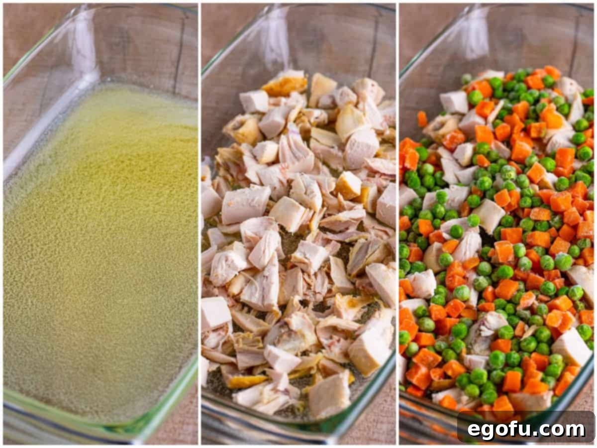 A collage of three process photos: melted butter in a baking dish, chopped chicken layered on top, and frozen peas and carrots added to the chicken layer.