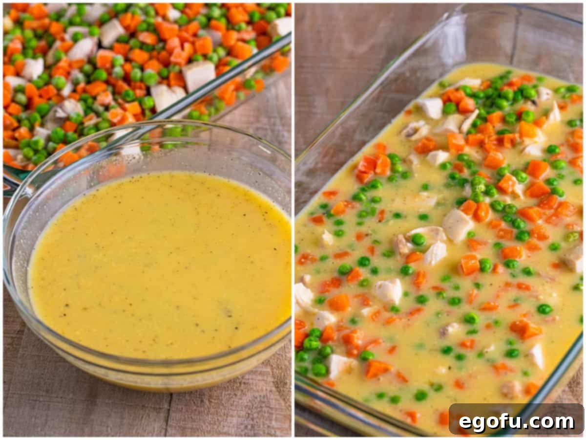 A collage of two process photos: a bowl containing the creamy soup mixture, and the mixture being poured over the chicken and vegetable layers in the baking dish.