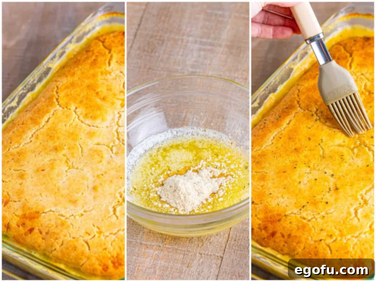 A collage of three process photos: the fully baked chicken cobbler with a golden topping, melted butter and garlic seasoning in a small bowl, and a pastry brush applying the garlic butter to the cobbler's crust.