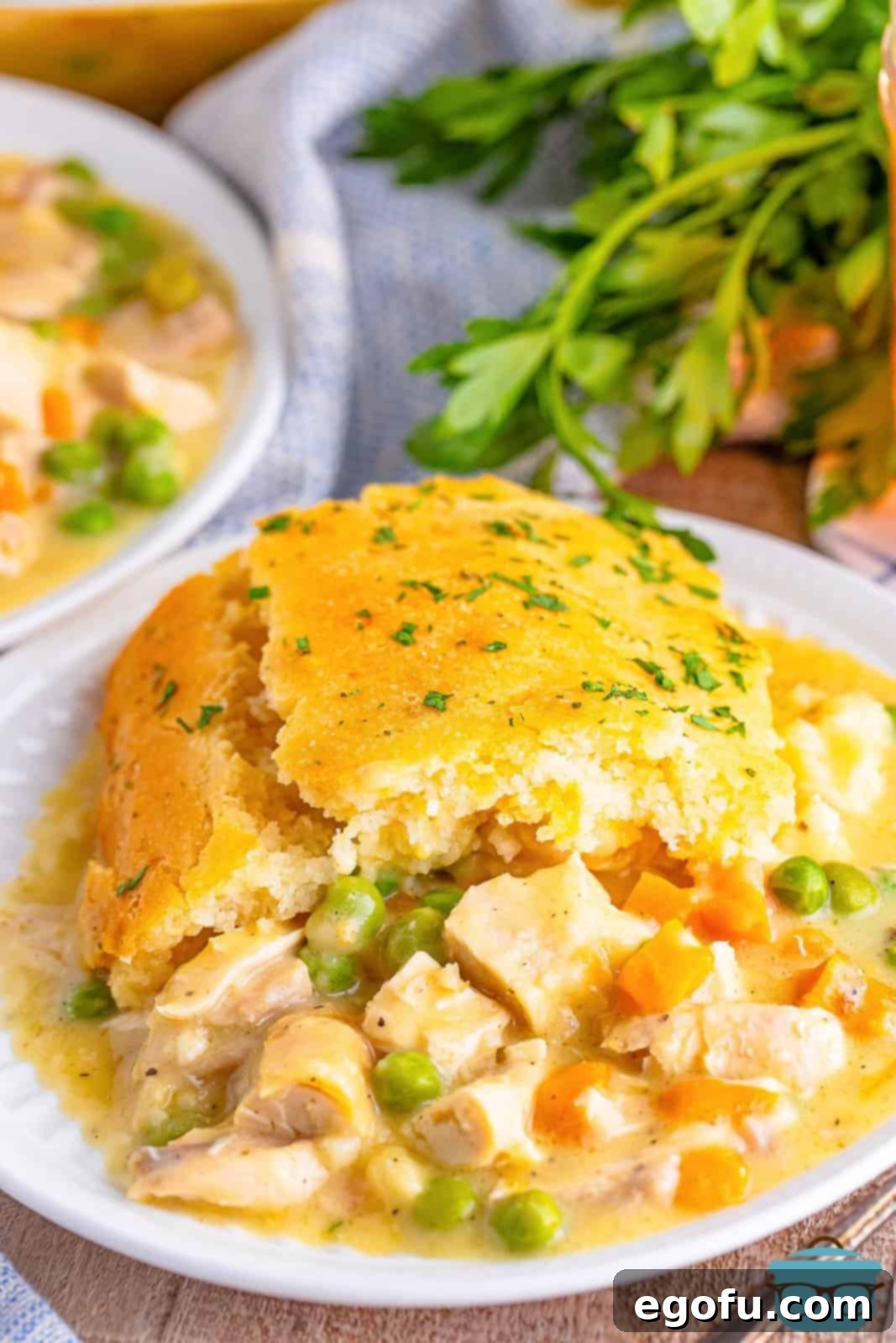 A beautifully plated serving of homemade Chicken Cobbler, showcasing its rich filling and golden biscuit topping.