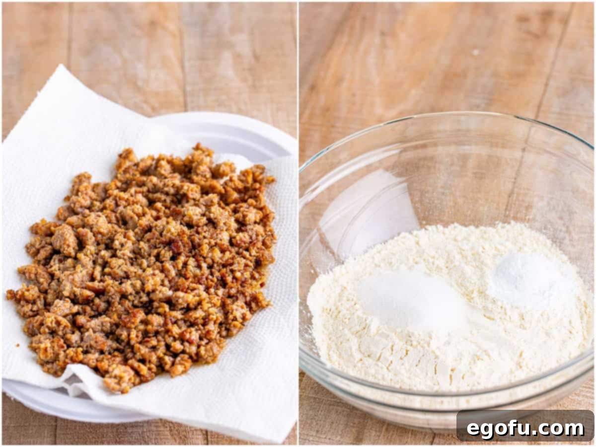 collar of two photos: crumbled sausage on paper towels; a clear bowl filled with all-purpose flour, granulated sugar, aluminum-free and baking powder. 