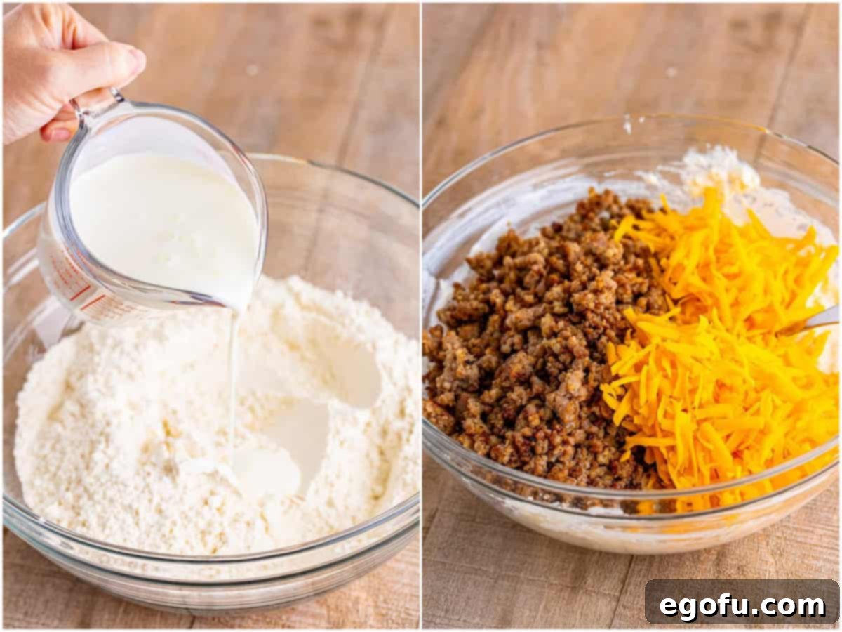 collage of two photos: pouring buttermilk into a bowl of flour; shredded cheddar cheese and cooked sausage added to flour mixture in bowl. 