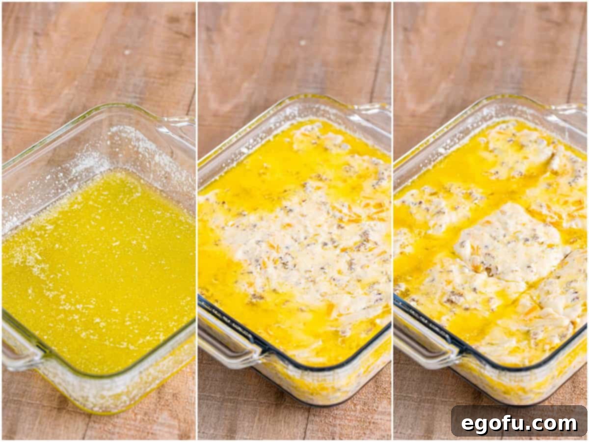 collage of three photos: melted butter in a baking dish; biscuit dough in melted butter in a baking dish; dough cut into 9 squares before baking. 